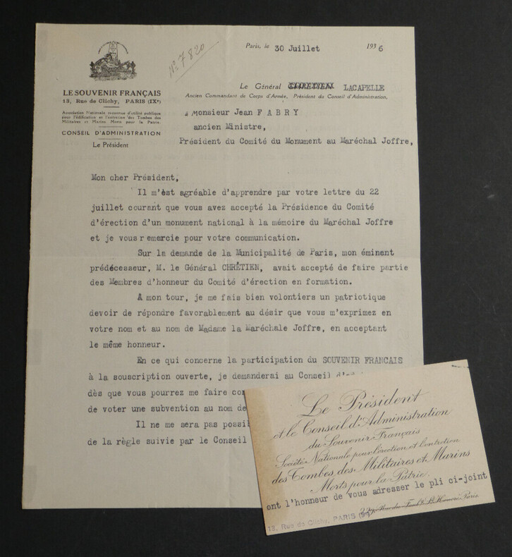 G&eacute;n&eacute;ral LACAPELLE - Lettre dactylographi&eacute;e sign&eacute;e &agrave; Monsieur Jean FABRY - Monument au Mar&eacute;chal Joseph Joffre - 1936. G&eacute;n&eacute;ral Gustave Paul Lacapelle