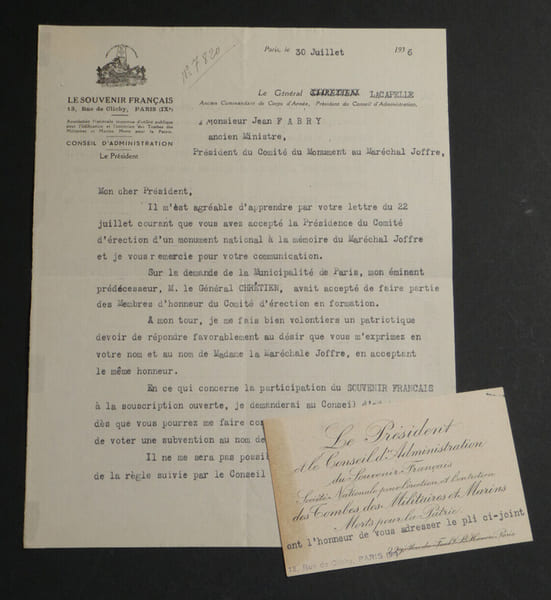 G&eacute;n&eacute;ral LACAPELLE - Lettre dactylographi&eacute;e sign&eacute;e &agrave; Monsieur Jean FABRY - Monument au Mar&eacute;chal Joseph Joffre - 1936. G&eacute;n&eacute;ral Gustave Paul Lacapelle