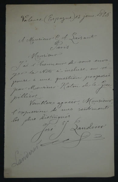 Jos&eacute; Joaquin LANDERER - LETTRE AUTOGRAPHE SIGN&Eacute;E A C.A. LAISANT, 1895, Valence. Jos&eacute; Joaquin LANDERER