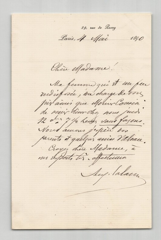 Auguste Lalance - Lettre autographe sign&eacute;e d'invitation &agrave; Mme et Mr Cousin 1890. Auguste Lalance