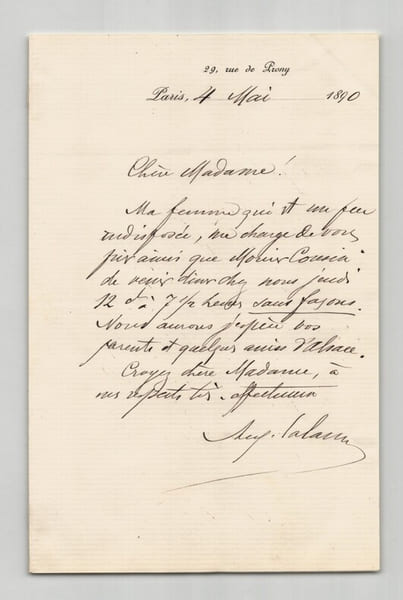 Auguste Lalance - Lettre autographe sign&eacute;e d'invitation &agrave; Mme et Mr Cousin 1890. Auguste Lalance