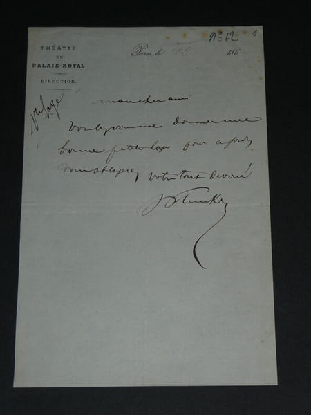 Francis de Plunkett - LETTRE AUTOGRAPHE SIGN&Eacute;E, Th&eacute;&acirc;tre du palais royal, Direction. Francis de Plunkett
