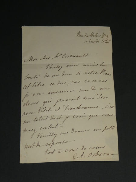 George Alexander Osborne - LETTRE AUTOGRAPHE SIGN&Eacute;E piano Vidal et Franchomme. George Alexander Osborne