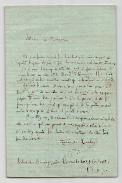 Agla&eacute; de Corday - Lettre autographe sign&eacute;e &agrave; Mme la Marquise, 3 pages - 1855. Agla&eacute; de CORDAY
