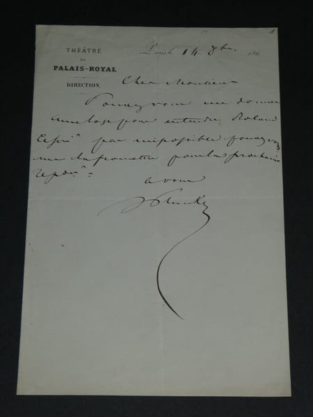 Francis de Plunkett - LETTRE AUTOGRAPHE SIGN&Eacute;E, Th&eacute;atre du palais royal. Francis de Plunkett