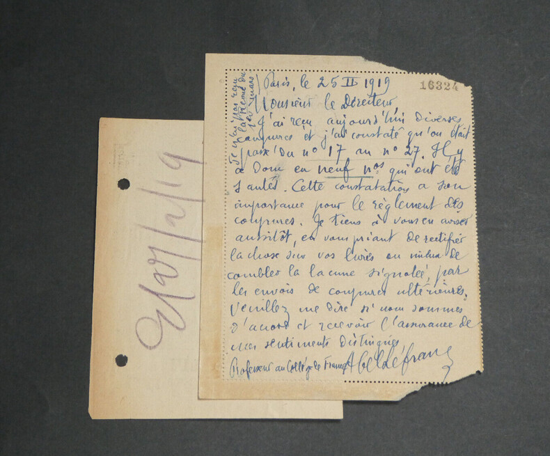 Abel LEFRANC - Carte lettre autographe sign&eacute;e au Directeur du Courrier de la Presse, 1919. Abel LEFRANC