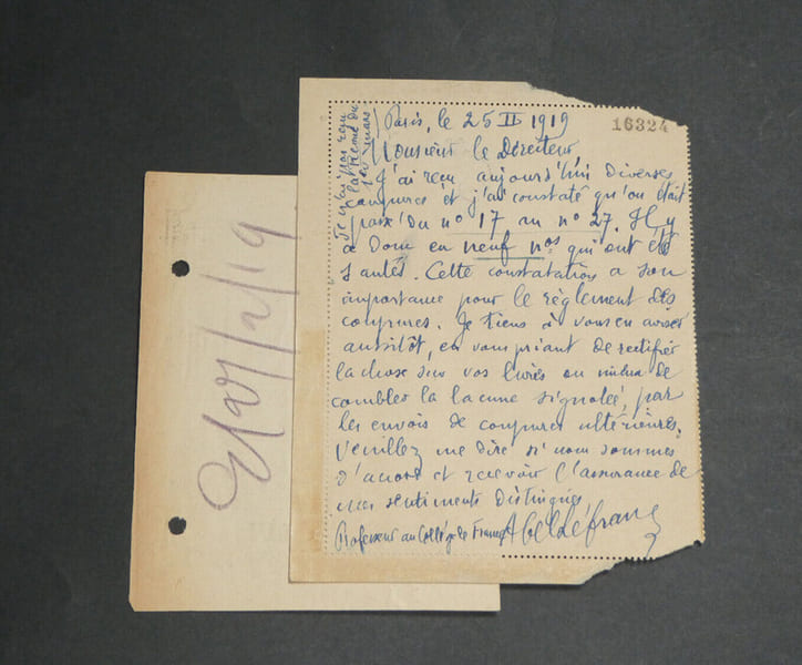 Abel LEFRANC - Carte lettre autographe sign&eacute;e au Directeur du Courrier de la Presse, 1919. Abel LEFRANC