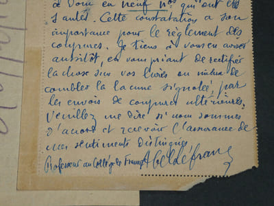 Abel LEFRANC - Carte lettre autographe signée au Directeur du Courrier de la Presse, 1919