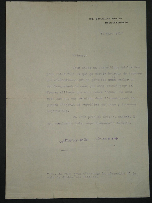 Maurice BARRES - LETTRE TAPUSCRITE AUTOGRAPHE SIGN&Eacute;E, 1917. Maurice Barr&egrave;s