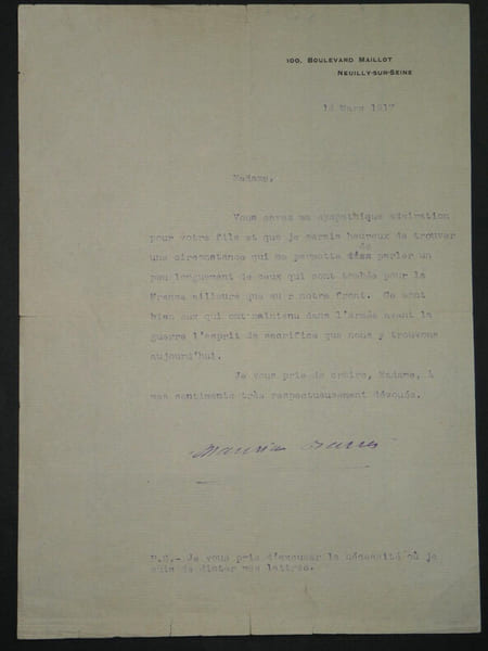 Maurice BARRES - LETTRE TAPUSCRITE AUTOGRAPHE SIGN&Eacute;E, 1917. Maurice Barr&egrave;s