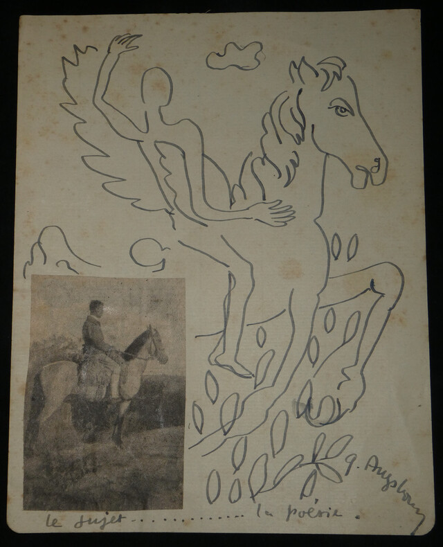 G&eacute;a Augsbourg - Dessin Cavalier - Annot&eacute; et sign&eacute;, la po&eacute;sie. G&eacute;a Augsbourg