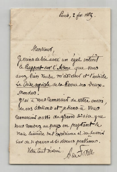 Alfred Fouill&eacute;e - Lettre autographe sign&eacute;e - Crise agricole & Aisne - Paris 1885. Alfred Fouill&eacute;e