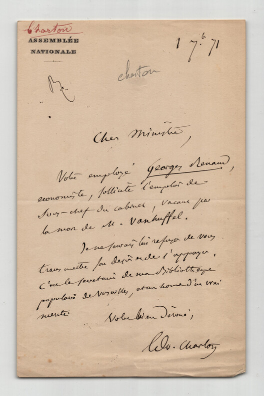 &Eacute;douard Charton - Lettre autographe sign&eacute;e &agrave; un ministre - 1871. &Eacute;douard Charton