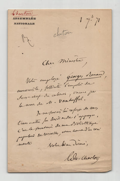 &Eacute;douard Charton - Lettre autographe sign&eacute;e &agrave; un ministre - 1871. &Eacute;douard Charton