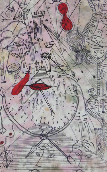 Dessin surr&eacute;aliste et art d&eacute;co, avec un tampon de collectionneur. 