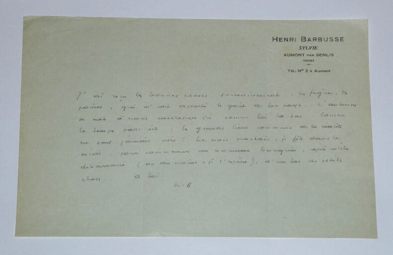 Henri BARBUSSE, &eacute;crivain - LETTRE AUTOGRAPHE SIGN&Eacute;E DE SES INITIALES. Henri BARBUSSE