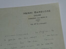 Henri BARBUSSE, &eacute;crivain - LETTRE AUTOGRAPHE SIGN&Eacute;E DE SES INITIALES. Henri BARBUSSE