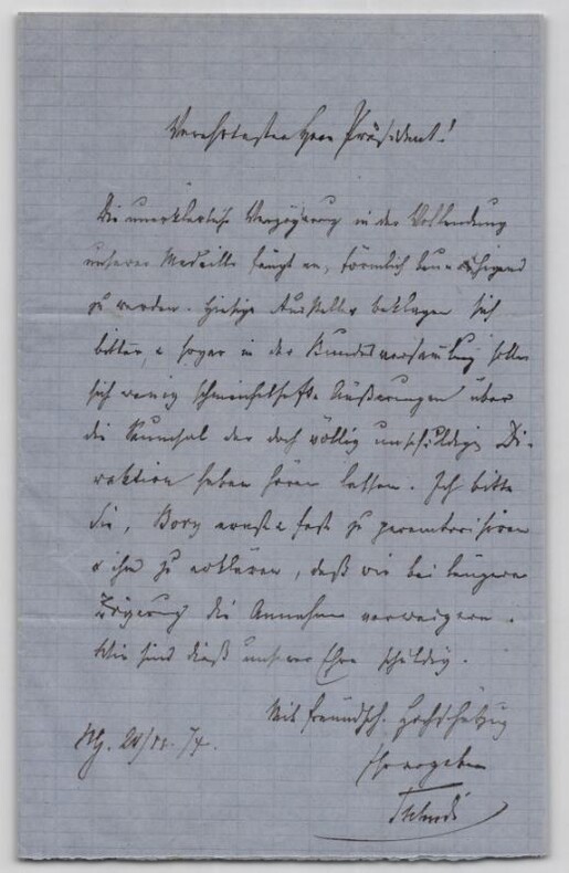 Friedrich von Tschudi - Lettre autographe sign&eacute;e - 1874. Friedrich von Tschudi