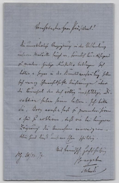 Friedrich von Tschudi - Lettre autographe sign&eacute;e - 1874. Friedrich von Tschudi
