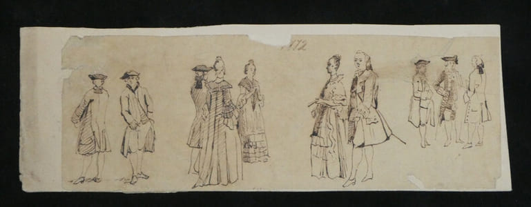 Anonyme - Dessin original à l'encre- Étude de figures en tenue d'époque, XIX ème