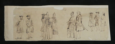 Anonyme - Dessin original à l'encre- Étude de figures en tenue d'époque, XIX ème