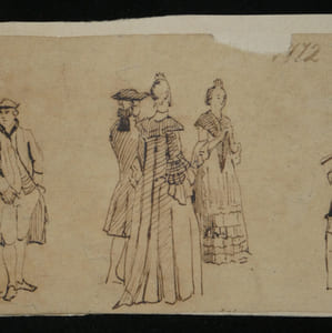 Anonyme - Dessin original à l'encre- Étude de figures en tenue d'époque, XIX ème