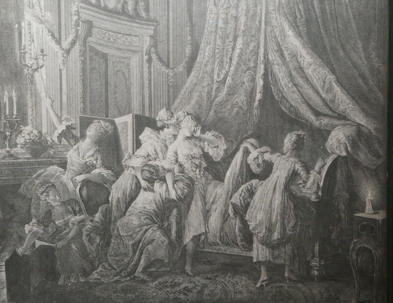 Gravure "Le couch&eacute; de la Mari&eacute;e" - J.M Moreau et Simonet d'apr&egrave;s P.A BAUDOUIN. J.M. Moreau (Moreau le Jeune) et J.B. Simonet d'apr&egrave;s P.A. Baudouin