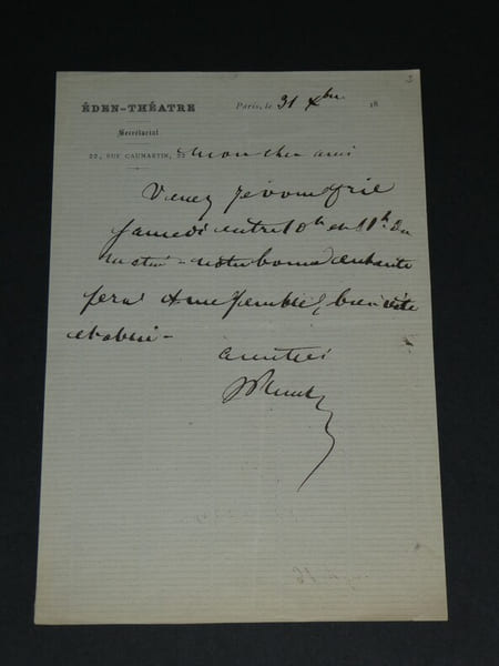 Francis de Plunkett - LETTRE AUTOGRAPHE SIGN&Eacute;E, Th&eacute;&acirc;tre du palais royal. Francis de Plunkett