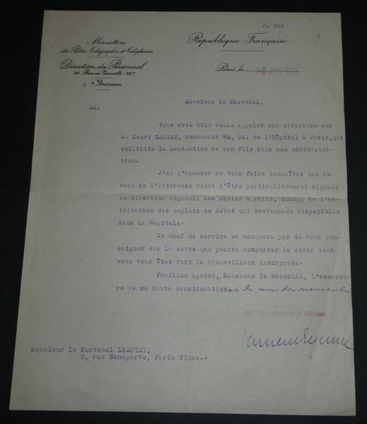 Laurent EYNAC, Homme politique - LETTRE TAPUSCRITE SIGN&Eacute;E &agrave; Hubert LYAUTEY, 1933. Laurent EYNAC