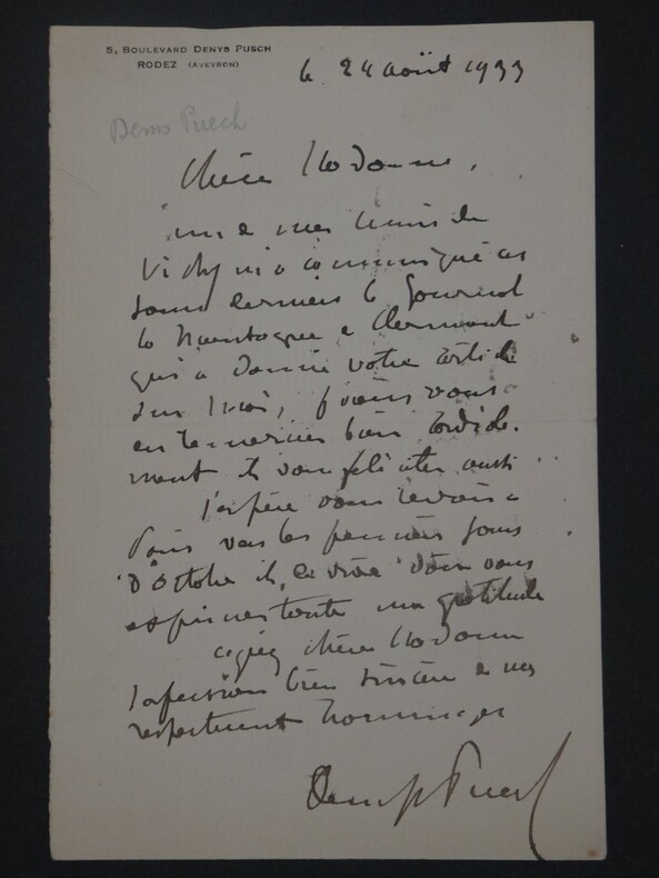 Denys PUECH, Sculpteur - Lettre autographe sign&eacute;e Rodez - 1933. Denys Puech