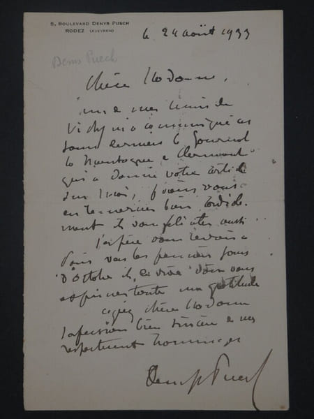 Denys PUECH, Sculpteur - Lettre autographe sign&eacute;e Rodez - 1933. Denys Puech