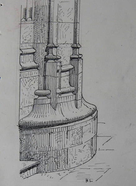 Base d'un pilier de la cath&eacute;drale de Mende - Dessin original sign&eacute;. Louis Henri Laffill&eacute;e
