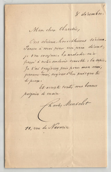 Charles Monselet - Lettre autographe sign&eacute;e &agrave; Jules Clar&eacute;tie "C'est s&eacute;rieux". Charles Monselet
