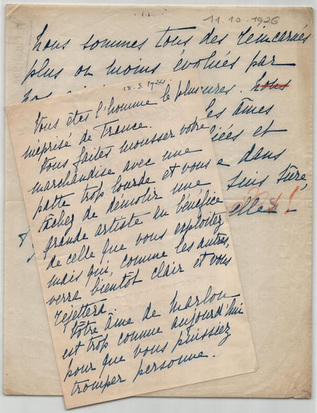Lettre anonyme virulente contre Lugn&eacute; Poe + note manuscrite mystique - 1924/26. Anonyme (valet de chambre Jacques)