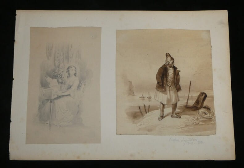 Eug&egrave;ne Lepoittevin - Croquis et lavis : Femme assise au piano et marin, XIX &egrave;me.. Eug&egrave;ne Lepoittevin