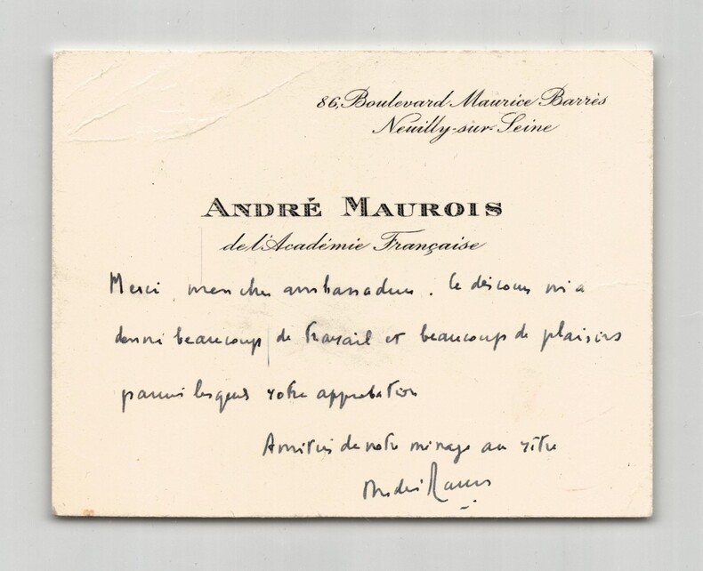 Andr&eacute; Maurois - Carte lettre autographe sign&eacute;e de remerciements &agrave; J.F Blondel. Andr&eacute; Maurois