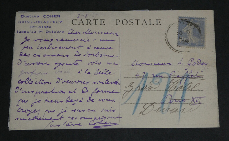 Gustave Cohen - Carte postale autographe sign&eacute;e &agrave; A. Godoy - Foch - 1929. Gustave Cohen