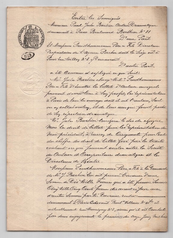 Pouvoir sign&eacute; par Paul Jules Barbier - Collection de 25 auteurs & musiciens. Paul Jules Barbier
