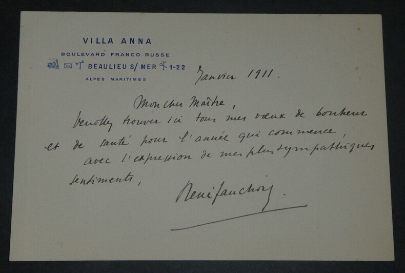 Ren&eacute; FAUCHOIS - CARTE LETTRE AUTOGRAPHE SIGN&Eacute;E DE VOEUX, 1911, Beaulieu sur Mer. Ren&eacute; FAUCHOIS