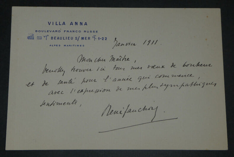 Ren&eacute; FAUCHOIS - CARTE LETTRE AUTOGRAPHE SIGN&Eacute;E DE VOEUX, 1911, Beaulieu sur Mer. Ren&eacute; FAUCHOIS