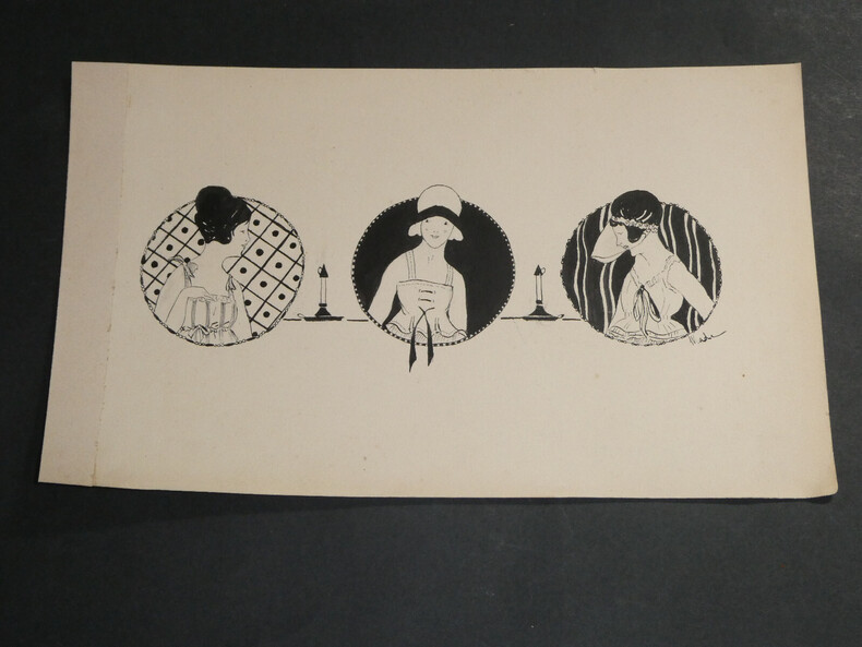 Dessin &agrave; l'encre trio portrait de femmes art d&eacute;co sign&eacute; Made. Made