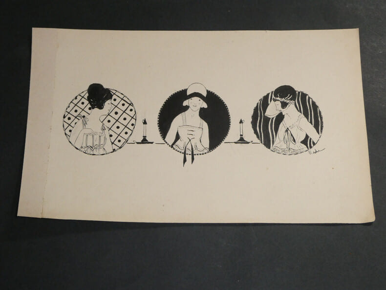 Dessin &agrave; l'encre trio portrait de femmes art d&eacute;co sign&eacute; Made. Made