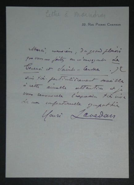Henri LAVEDAN- LETTRE AUTOGRAPHE SIGN&Eacute;E de remerciement, &agrave; Maindron. Henri LAVEDAN