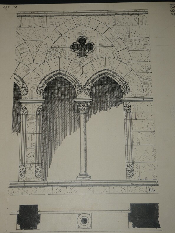 Fen&ecirc;tre d'une maison &agrave; Figeac (XIIIe si&egrave;cle) — Dessin original sign&eacute;. Louis Henri Laffill&eacute;e