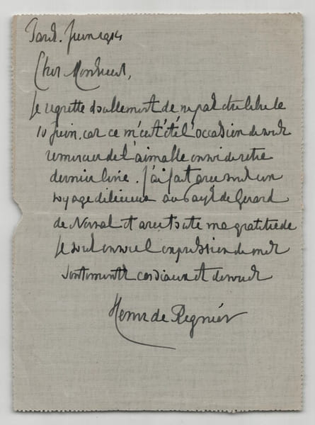 Henri de R&eacute;gnier - Lettre autographe sign&eacute;e &agrave; Jacques Boulenger - NERVAL - 1914. Henri de R&eacute;gnier