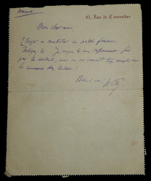 WILLY, Journaliste - LETTRE AUTOGRAPHE SIGN&Eacute;E. WILLY (Henry Gauthier-Villars)