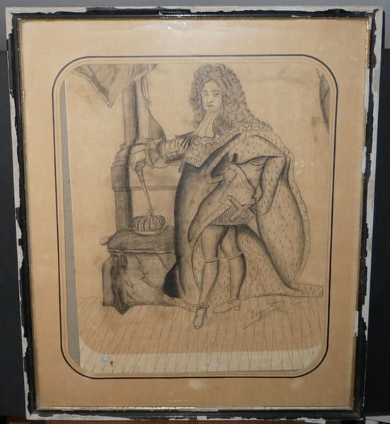 &Eacute;cole XX&egrave;me - Dessin au fusain, portrait de Louis XIV - sign&eacute; Raymond Ferrand ?. Raymond Ferrand