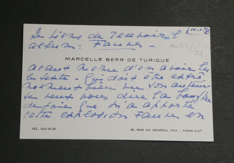 Marcelle BERR de TURIQUE - Carte de correspondance autographe sign&eacute;e - 1973. Marcelle BERR de TURIQUE