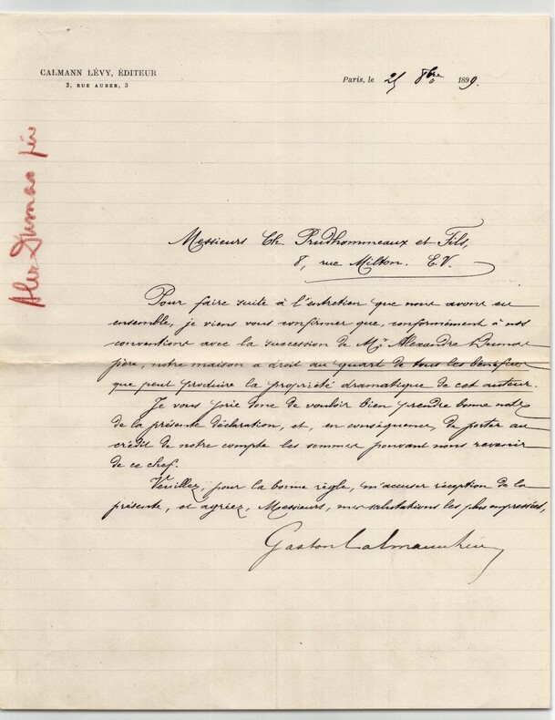 Gaston Calmann-L&eacute;vy – Dumas p&egrave;re, droits dramatiques – 1899 – Archives. Gaston Calmann-L&eacute;vy