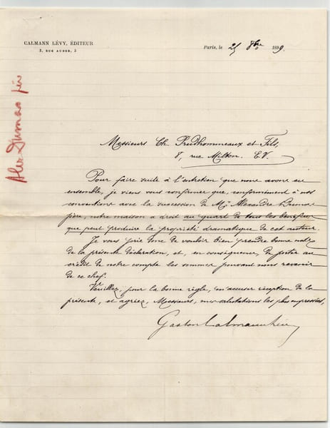 Gaston Calmann-L&eacute;vy – Dumas p&egrave;re, droits dramatiques – 1899 – Archives. Gaston Calmann-L&eacute;vy